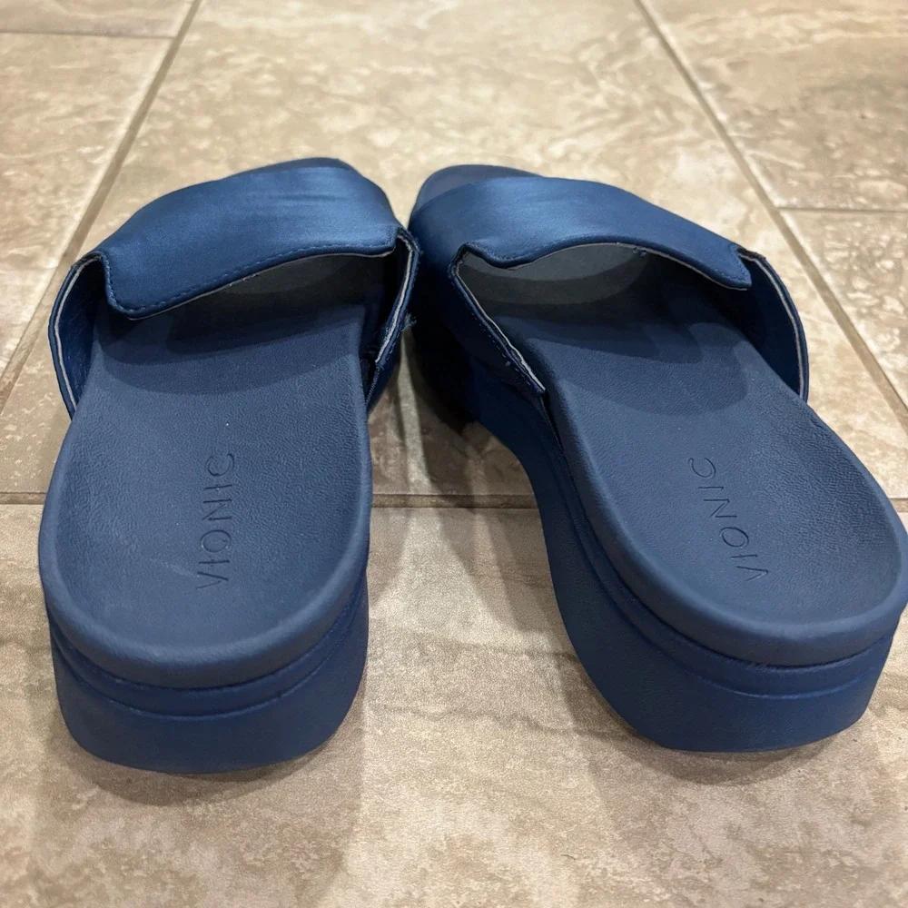 Vionic Monica Navy Blue Platform Slide Sandals Womens 6 Orthotic Comfort